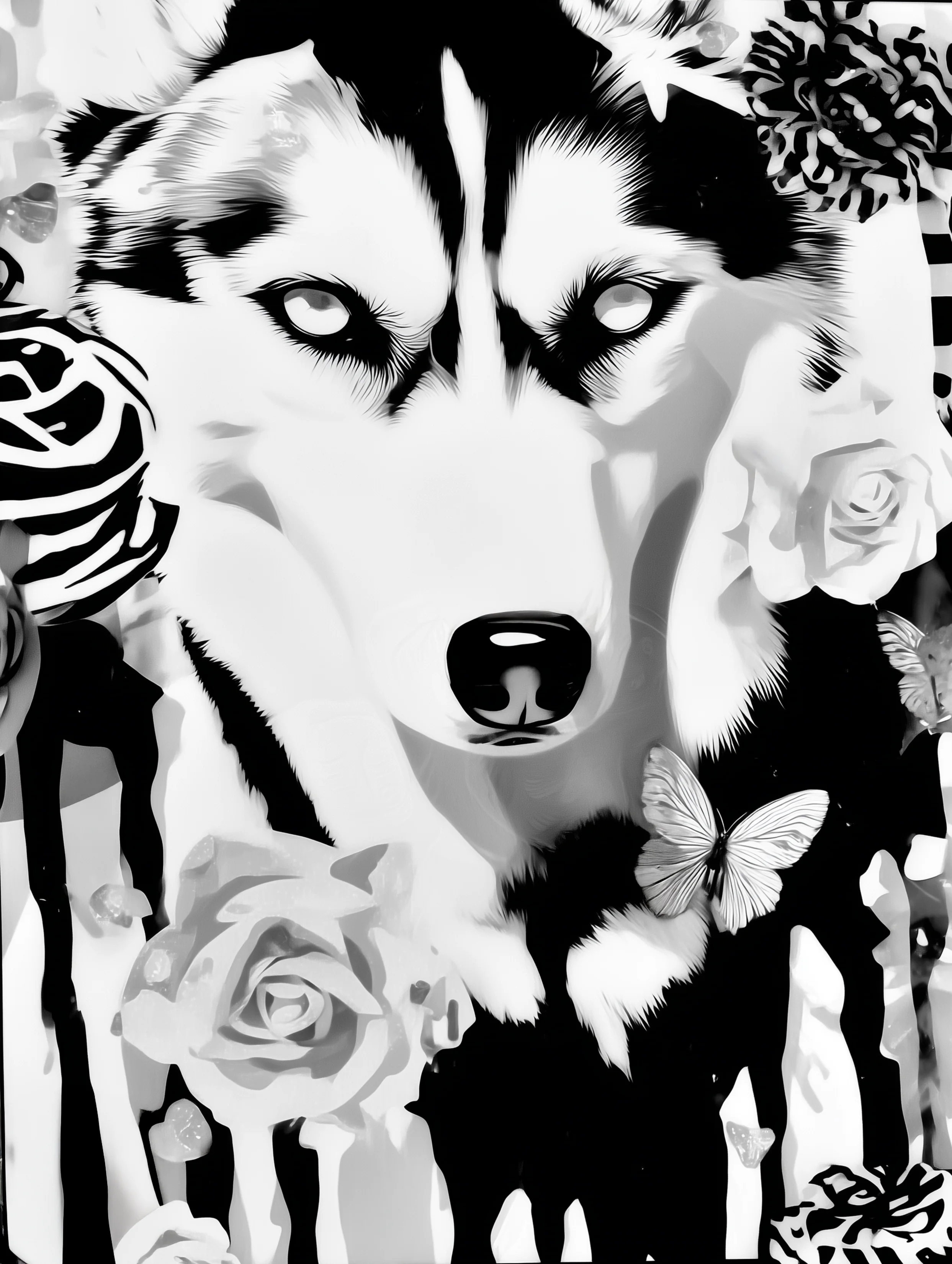 Free printable dog coloring page for adults featuring black and white husky